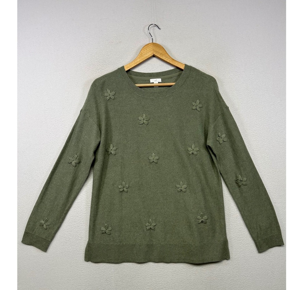 Cottagecore J. Jill Womens S Green Floral 3D Embroidery Pullover Sweater Soft